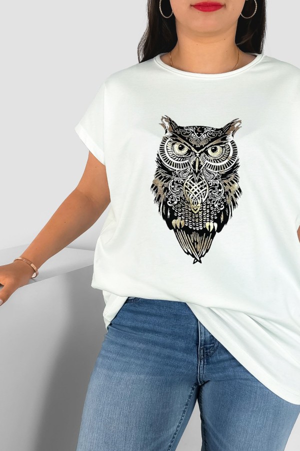 T-shirt damski plus size nietoperz w kolorze ecru print sowa owl 1