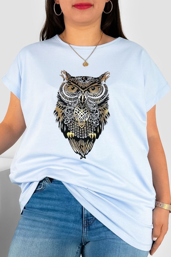 T-shirt damski plus size nietoperz w kolorze błękitnym print sowa owl
