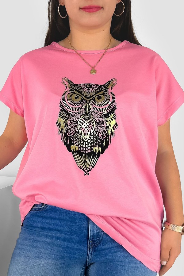 T-shirt damski plus size nietoperz w kolorze różowym print sowa owl