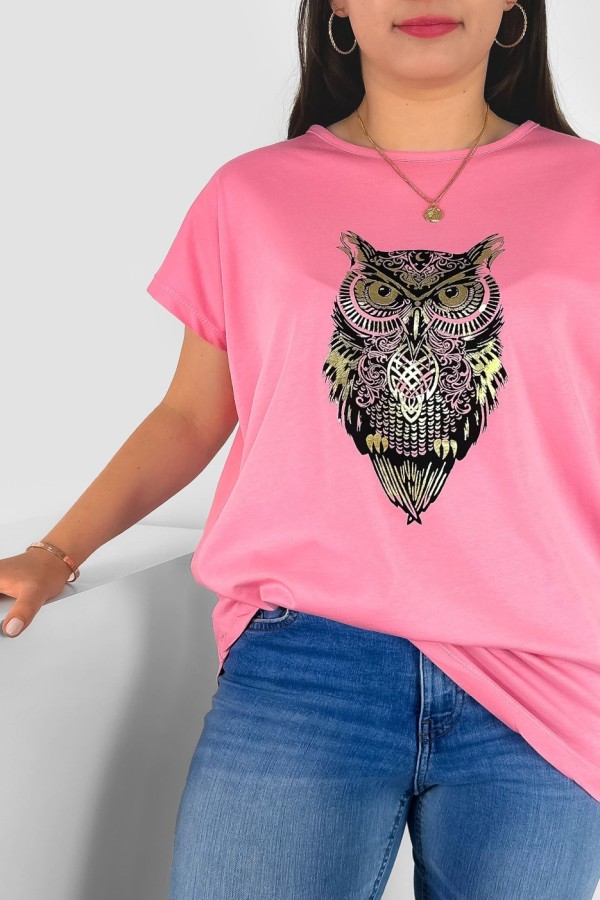 T-shirt damski plus size nietoperz w kolorze różowym print sowa owl 1