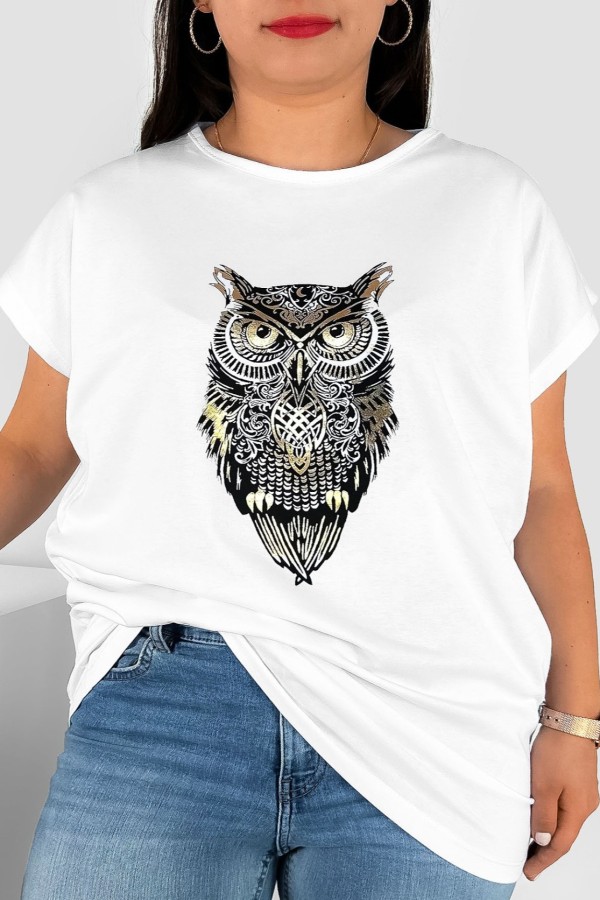T-shirt damski plus size nietoperz w kolorze białym print sowa owl 2