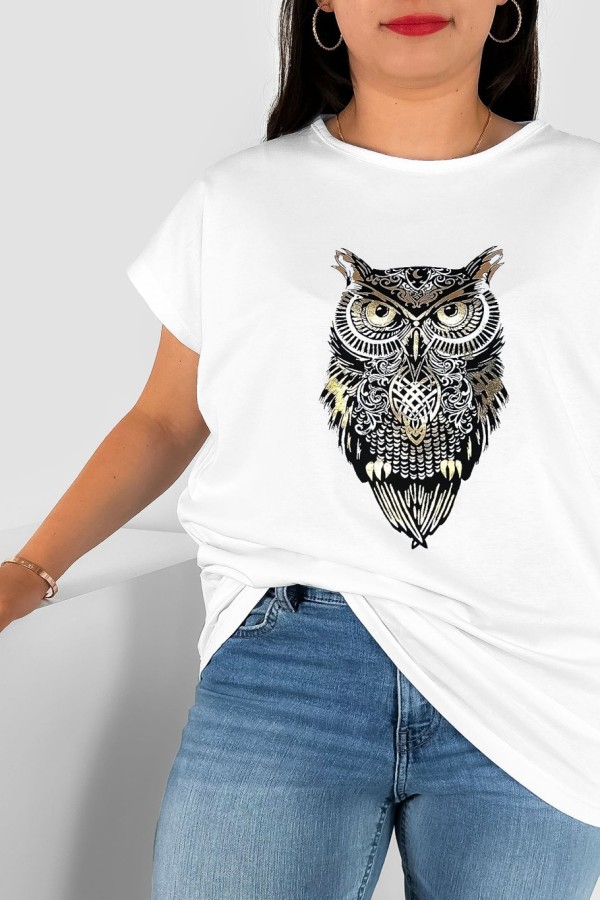 T-shirt damski plus size nietoperz w kolorze białym print sowa owl 1