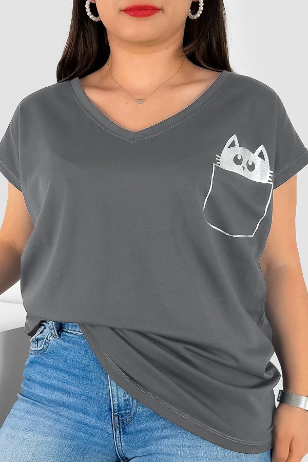 T-shirt damski plus size nietoperz dekolt w serek V-neck szary kieszeń kotek
