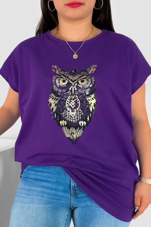 T-shirt damski plus size nietoperz w kolorze jagodowym print sowa owl