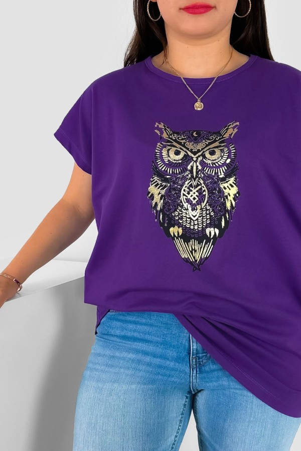 T-shirt damski plus size nietoperz w kolorze jagodowym print sowa owl 1