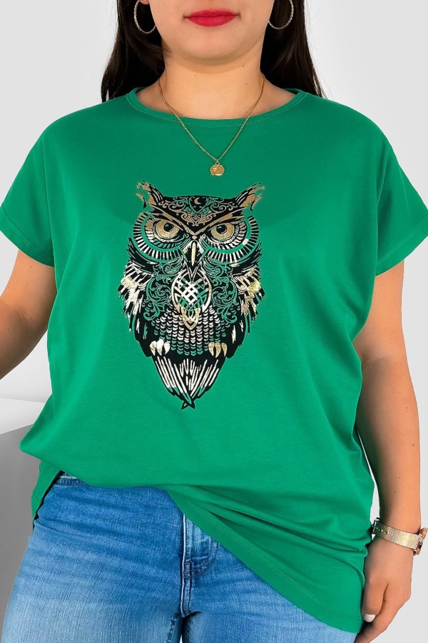 T-shirt damski plus size nietoperz w kolorze zielonym print sowa owl