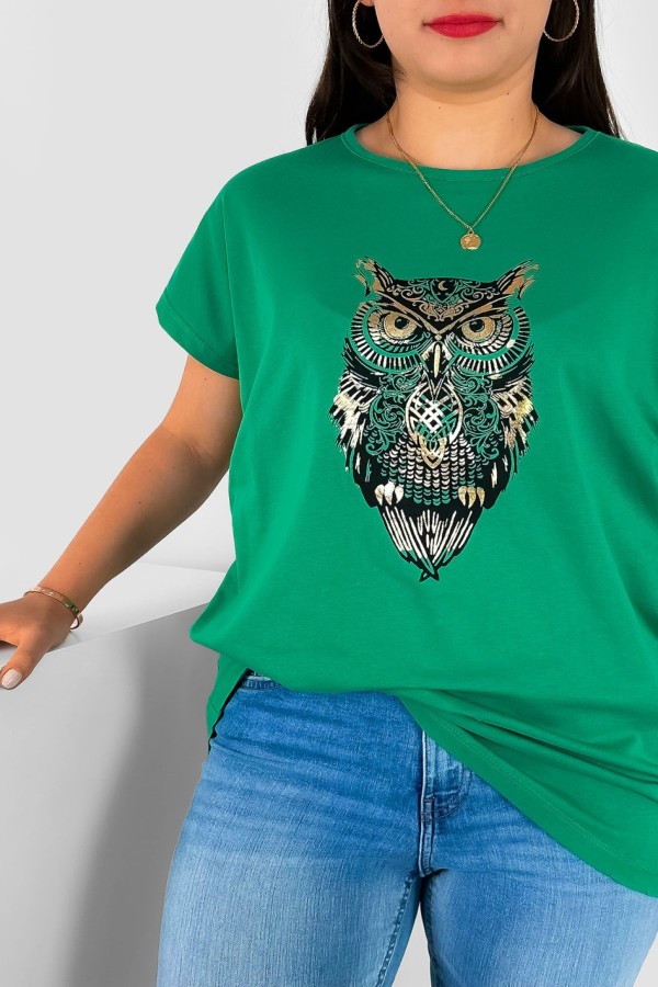 T-shirt damski plus size nietoperz w kolorze zielonym print sowa owl 1