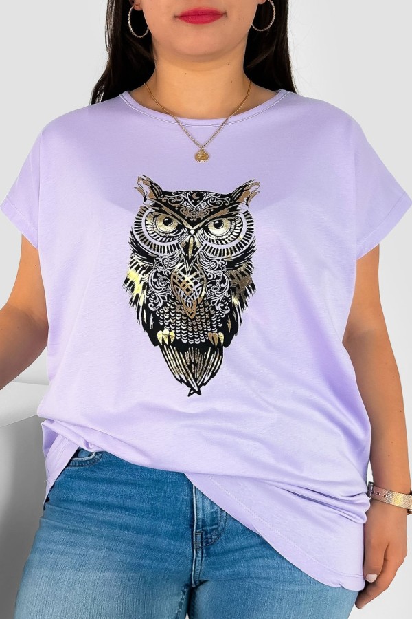 T-shirt damski plus size nietoperz w kolorze lila fiolet print sowa owl