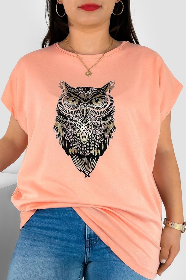 T-shirt damski plus size nietoperz w kolorze łososiowym print sowa owl 2