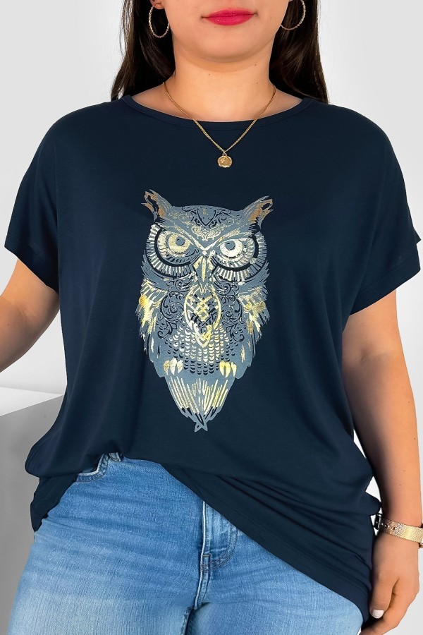 T-shirt damski plus size nietoperz w kolorze dark navy print sowa owl