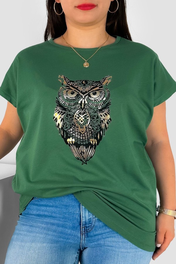 T-shirt damski plus size nietoperz w kolorze ciemnozielonym print sowa owl