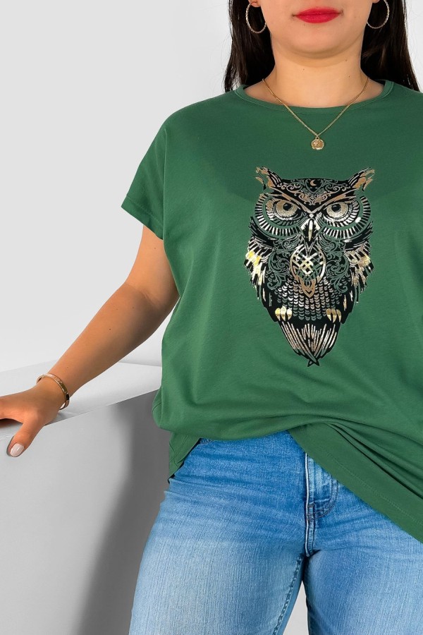 T-shirt damski plus size nietoperz w kolorze ciemnozielonym print sowa owl 1