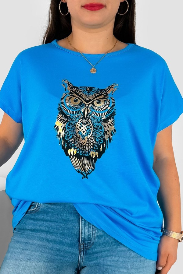 T-shirt damski plus size nietoperz w kolorze niebieskim print sowa owl