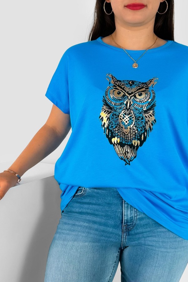 T-shirt damski plus size nietoperz w kolorze niebieskim print sowa owl 1
