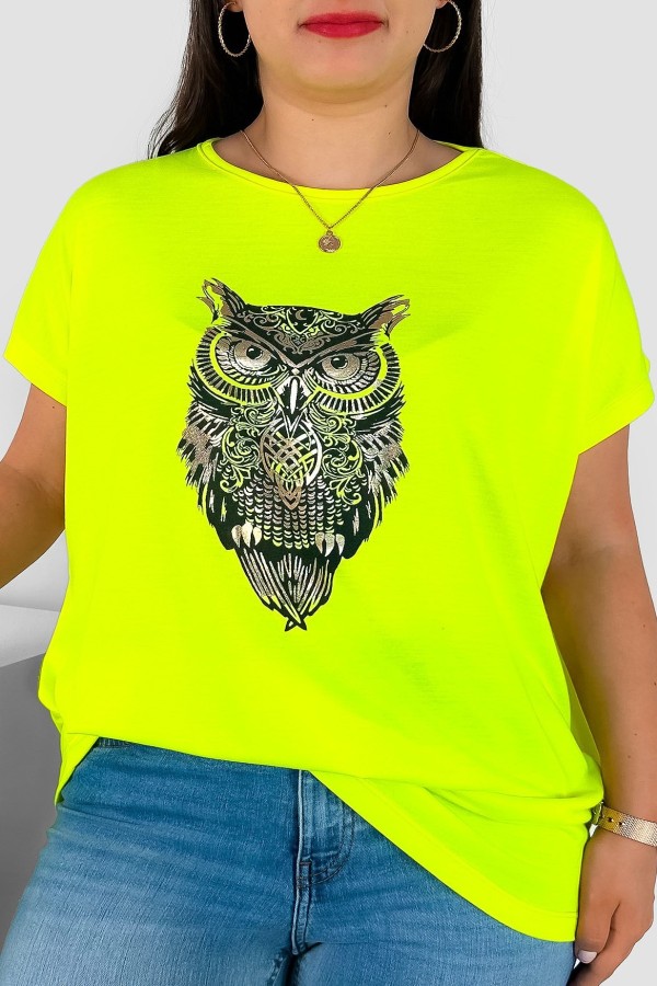 T-shirt damski plus size nietoperz w kolorze fluo żółtym print sowa owl