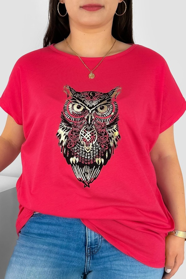 T-shirt damski plus size nietoperz w kolorze malinowym print sowa owl
