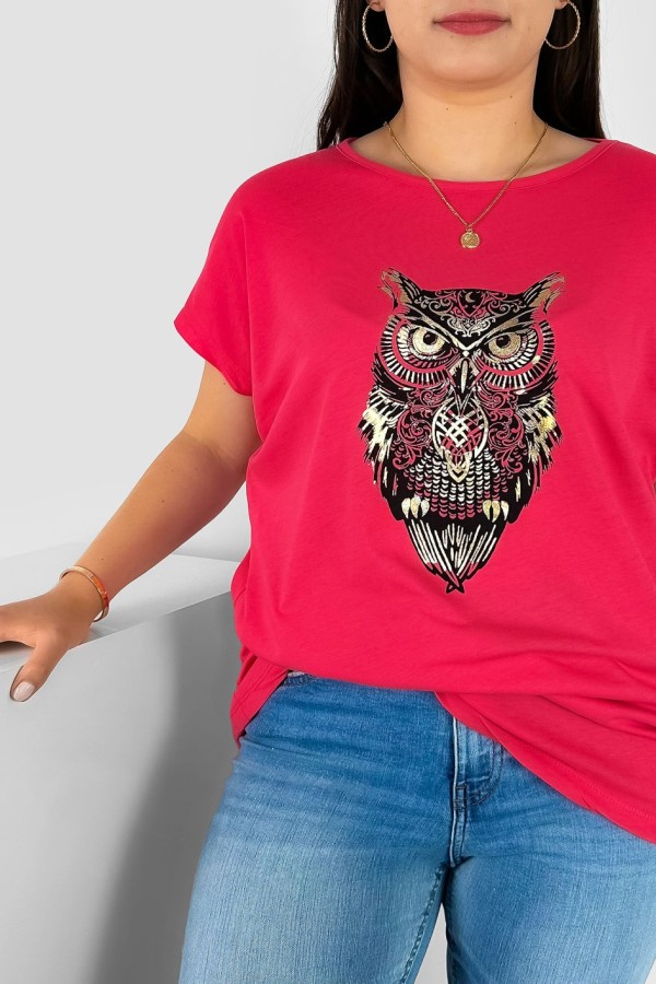 T-shirt damski plus size nietoperz w kolorze malinowym print sowa owl 1