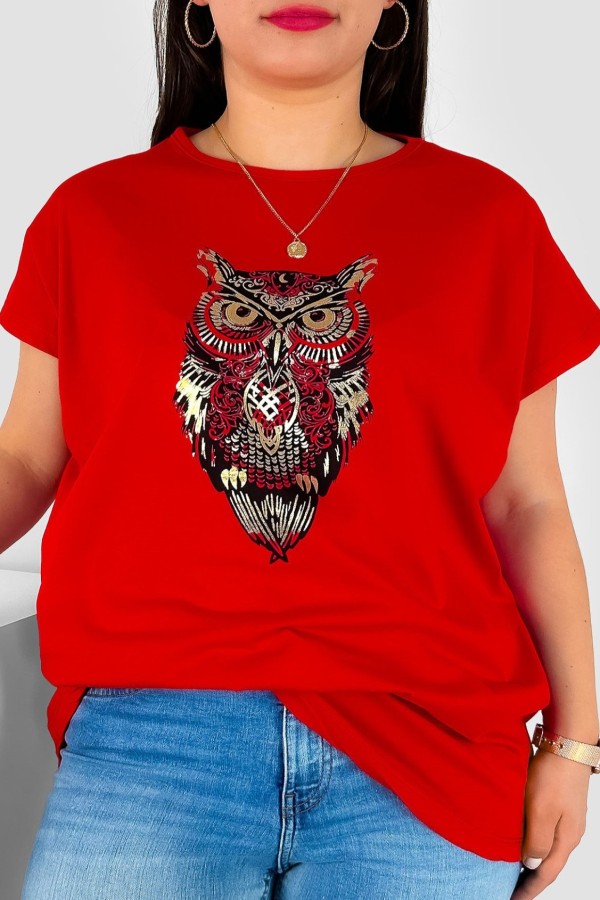 T-shirt damski plus size nietoperz w kolorze czerwonym print sowa owl 2