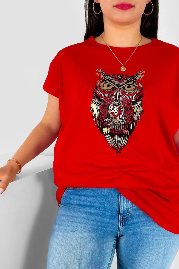 T-shirt damski plus size nietoperz w kolorze czerwonym print sowa owl 1