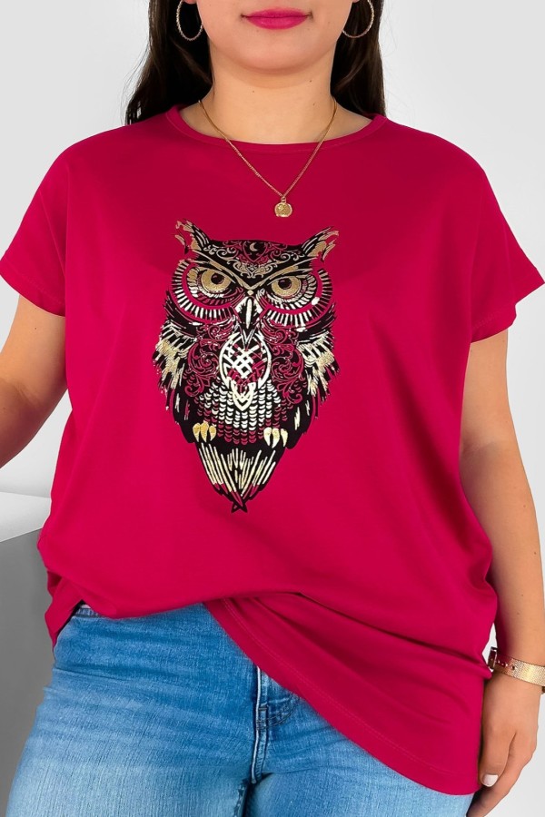 T-shirt damski plus size nietoperz w kolorze wiśniowym print sowa owl