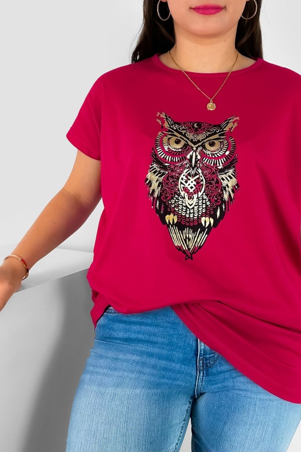 T-shirt damski plus size nietoperz w kolorze wiśniowym print sowa owl 1