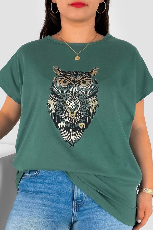 T-shirt damski plus size nietoperz w kolorze chłodnej zieleni print sowa owl