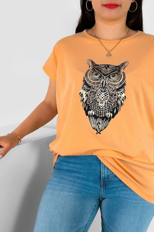 T-shirt damski plus size nietoperz w kolorze morelowym print sowa owl 1