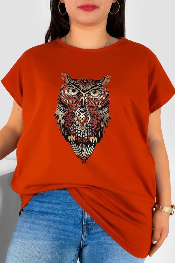T-shirt damski plus size nietoperz w kolorze ceglastym print sowa owl