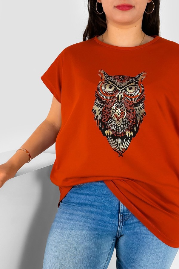 T-shirt damski plus size nietoperz w kolorze ceglastym print sowa owl 1
