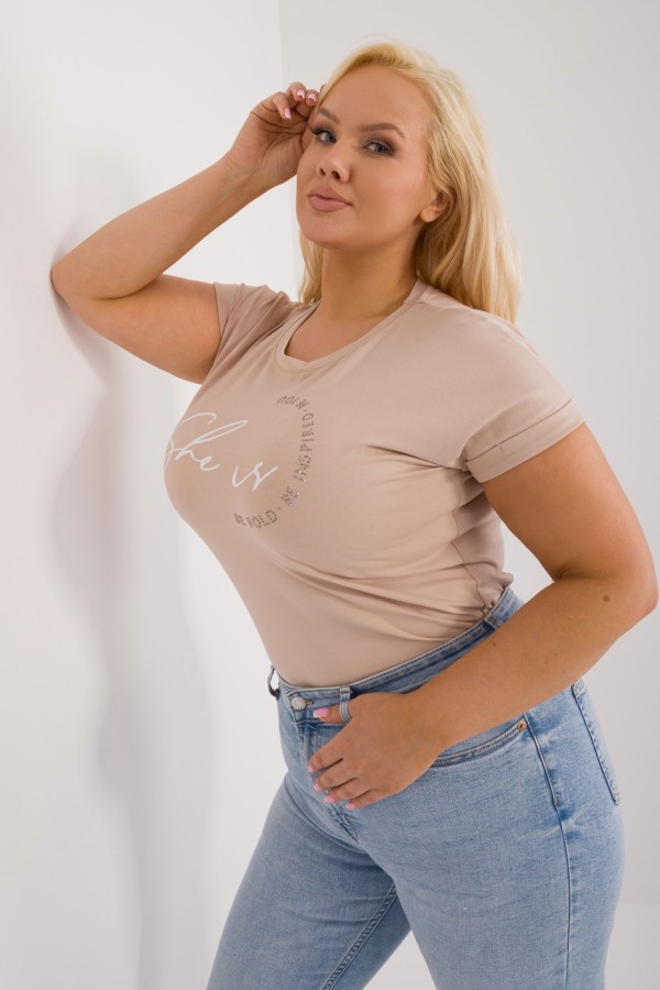 Bluzka damska T-shirt w kolorze beżowym aplikacja dżety Mika 1