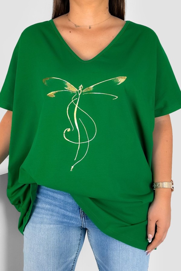 Bluzka damska T-shirt plus size w kolorze zielonym złoty nadruk ważka