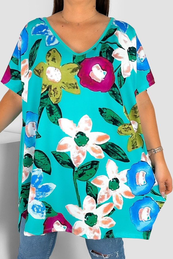 Tunika damska plus size nietoperz multikolor wzór pastelowe kwiaty Emilly