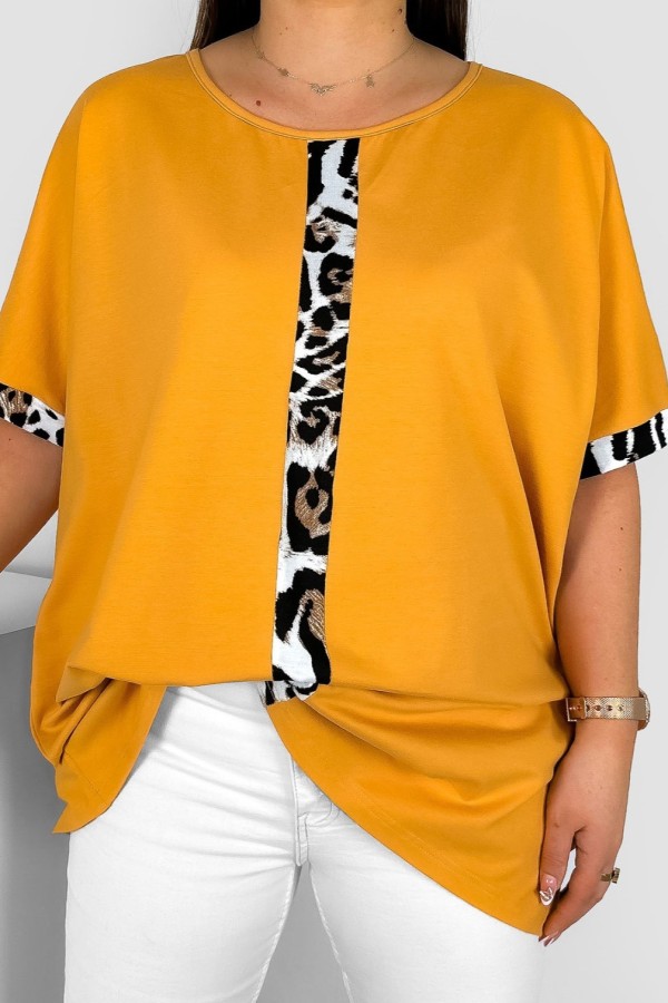 Bluzka damska T-shirt plus size w kolorze miodowym wzór zwierzęcy lamówka