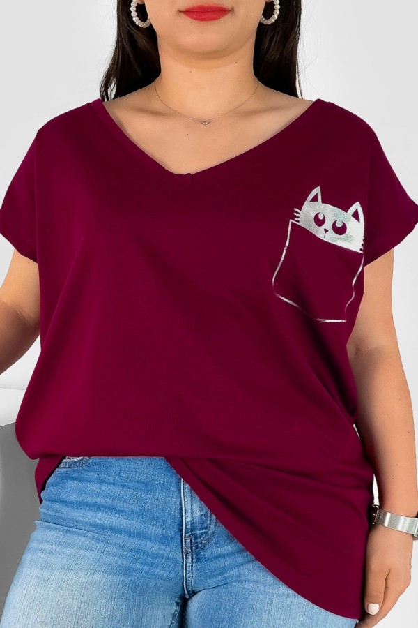 T-shirt damski plus size nietoperz dekolt w serek V-neck burgundowy kieszeń kotek