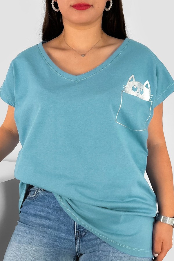 T-shirt damski plus size nietoperz dekolt w serek V-neck cyjanowy kieszeń kotek