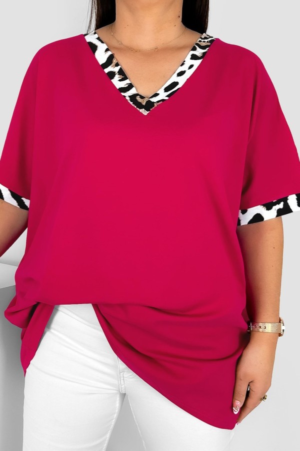 Bluzka damska T-shirt plus size w kolorze fuksji wzór zwierzęcy dekolt rękawki