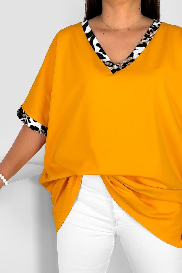 Bluzka damska T-shirt plus size w kolorze miodowym wzór zwierzęcy dekolt rękawki 1