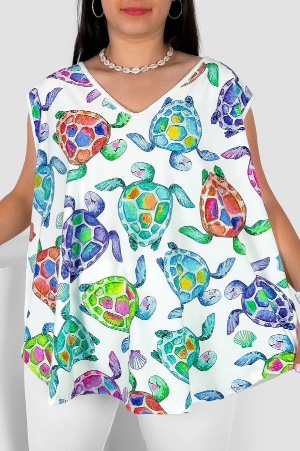 Bluzka damska top plus size w kolorze ecru dekolt v neck print żółwie Tory