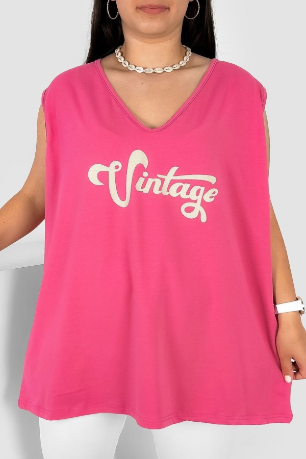 Bluzka damska top plus size w kolorze różowym dekolt v neck print Vintage
