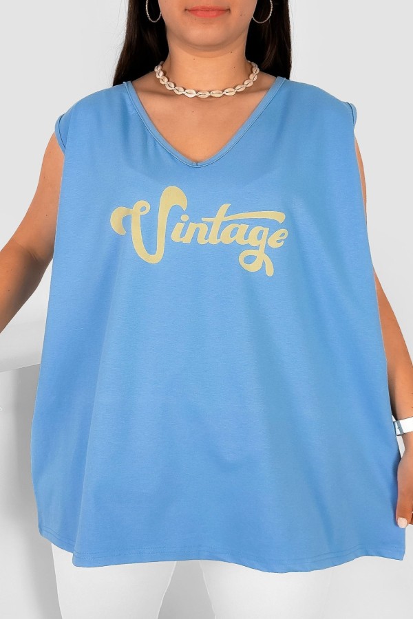 Bluzka damska top plus size w kolorze błękitnym dekolt v neck print Vintage 2