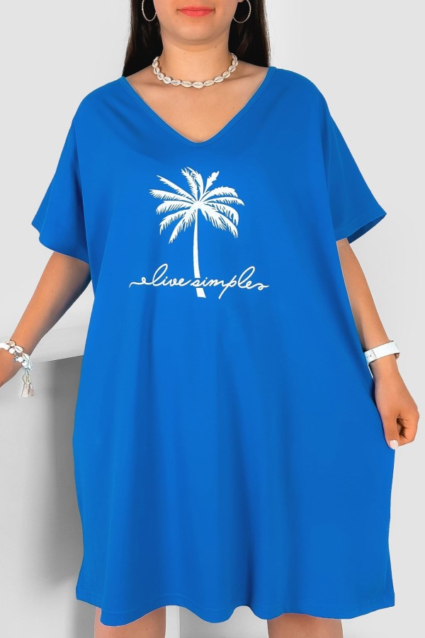 Bawełniana trapezowa sukienka plus size w kolorze niebieskim palma Arine