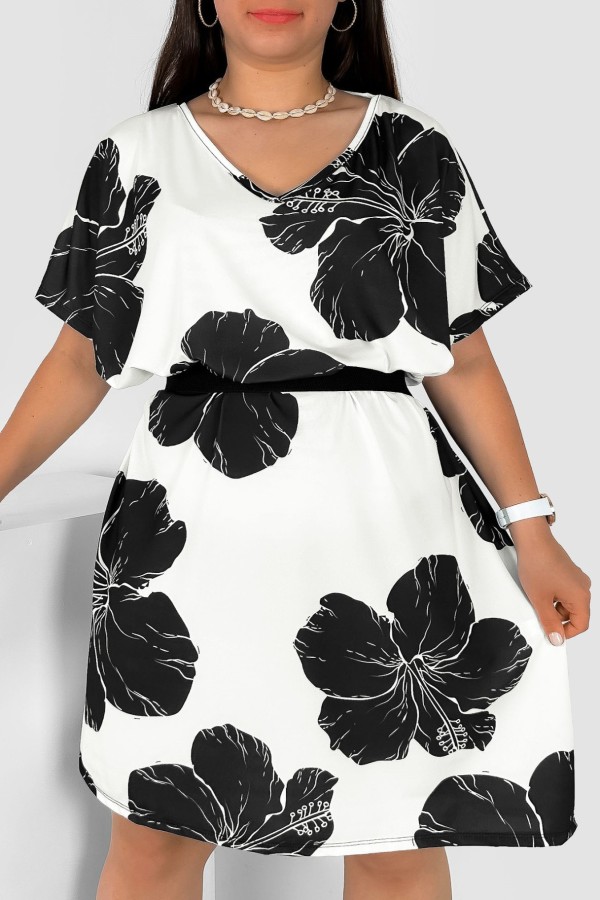Sukienka damska plus size nietoperz multikolor wzór duże czarne kwiaty Helia