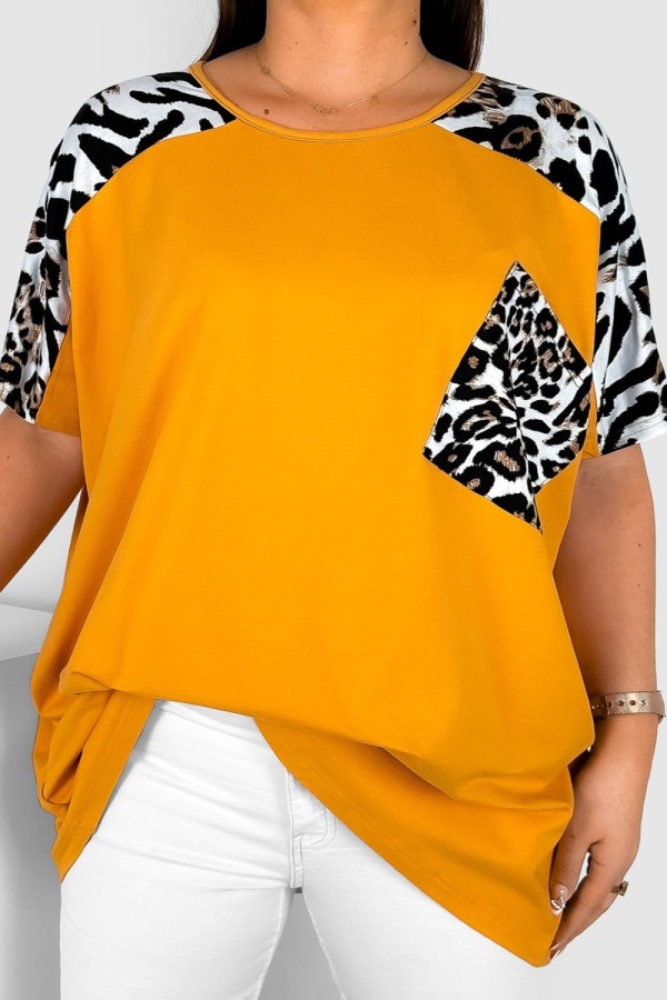 Bluzka damska T-shirt plus size w kolorze miodowym wzór zwierzęcy ramiona kieszeń
