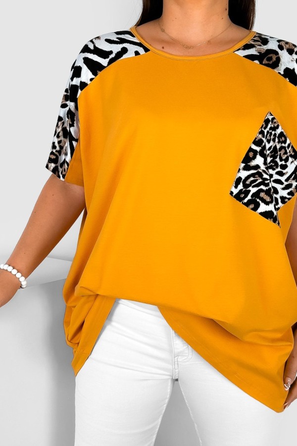 Bluzka damska T-shirt plus size w kolorze miodowym wzór zwierzęcy ramiona kieszeń 1