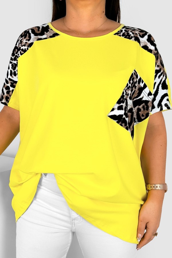 Bluzka damska T-shirt plus size w kolorze żółtym wzór zwierzęcy ramiona kieszeń