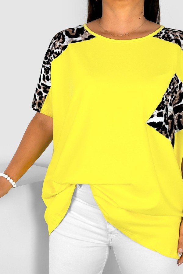 Bluzka damska T-shirt plus size w kolorze żółtym wzór zwierzęcy ramiona kieszeń 1