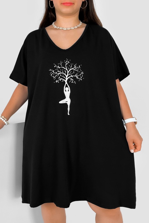 Bawełniana trapezowa sukienka plus size w kolorze czarnym kobieta drzewo Tinny