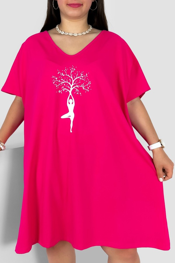 Bawełniana trapezowa sukienka plus size w kolorze fuksji kobieta drzewo Tinny