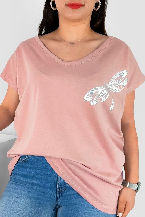T-shirt damski plus size nietoperz dekolt w serek V-neck pudrowy ważka dragonfly