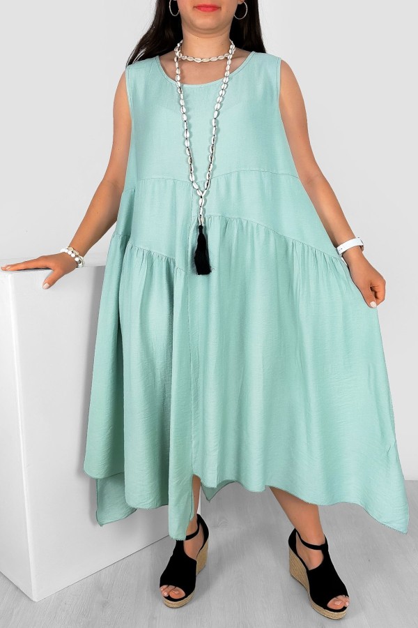 Asymetryczna sukienka plus size w kolorze szałwiowym ozdobne przeszycia kieszenie Brenda